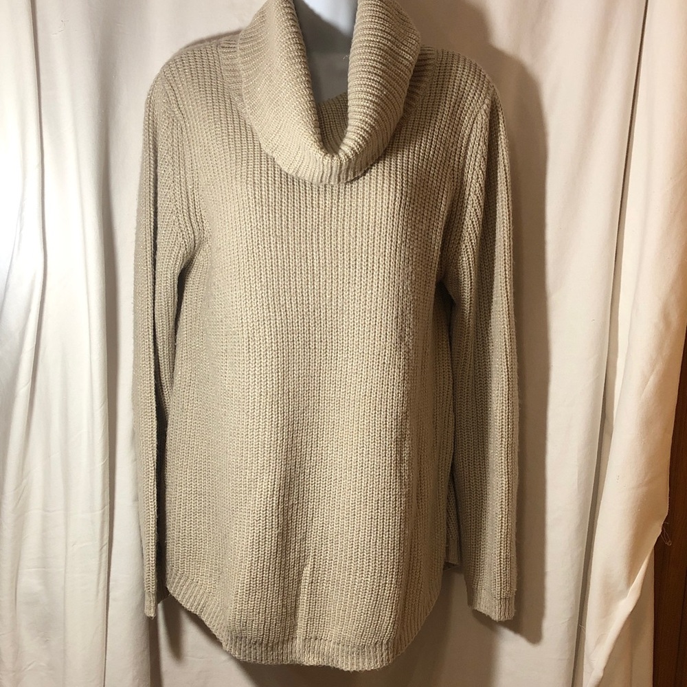 AB Studio Women’s Cream With Gold Sparkle Cowl Neck Sweater, Size L